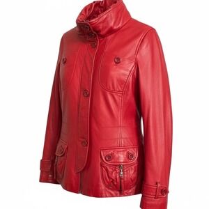 DANIER Red Italian Leather Jacket Women M/M‎ Funnel Neck Button Front Pockets